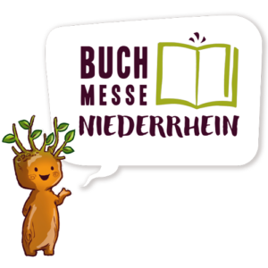 Logo BuchMesse-Niederrhein in Sprechblase vom Maskottchen